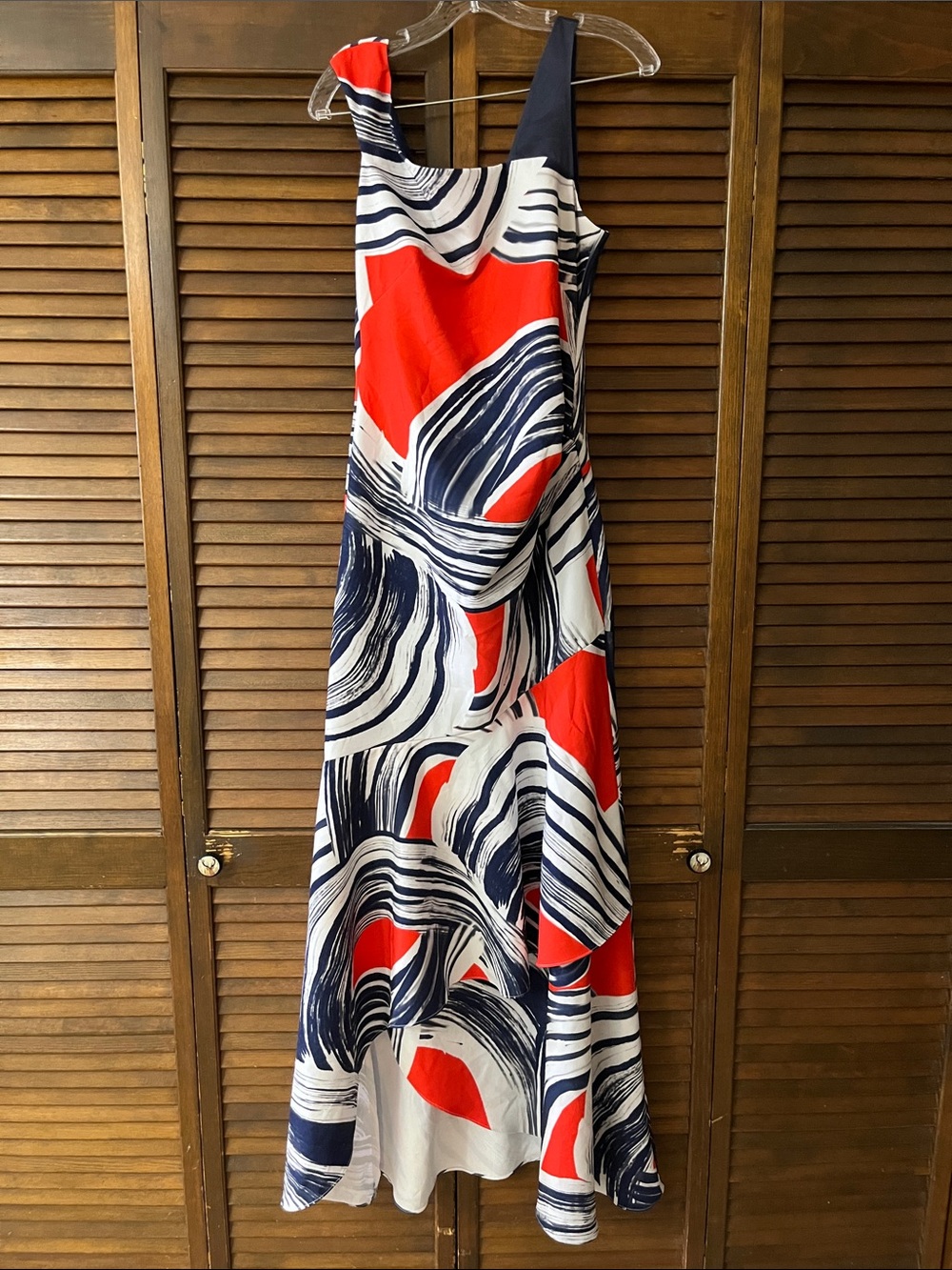 Kay Unger New York Red, Navy & White Sleeveless Abstract Maxi Dress